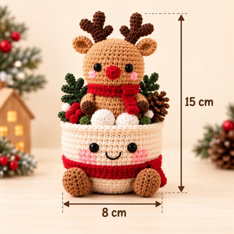 Crochet Christmas Doll in Basket, Reindeer Snowman Penguin Plush, Handmade Christmas Decor, Cute Holiday Gift, Amigurumi Xmas Decoration