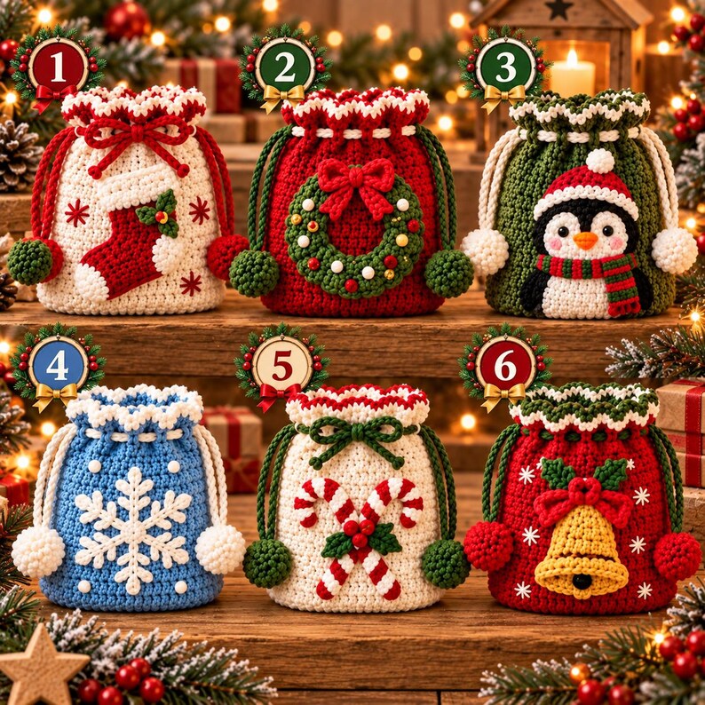 Crochet Christmas Drawstring Bag, Handmade Holiday Gift Pouch, Penguin Wreath Snowflake Candy Cane Bell Decor