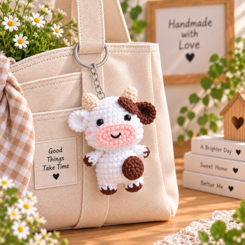 Little Fluffy Cow Plushie, Cute Mini Cow Crochet Plush, Moochi Tiny Cow, Cow Amigurumi, Crochet Bag Charm, Crochet Keychain, Stuffed Animal