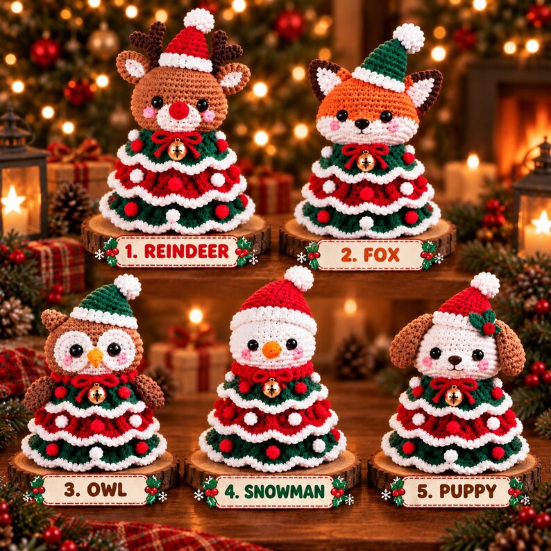 Crochet Christmas Tree Doll, Reindeer Fox Owl Snowman Puppy, Handmade Holiday Decor, Amigurumi Christmas Gift