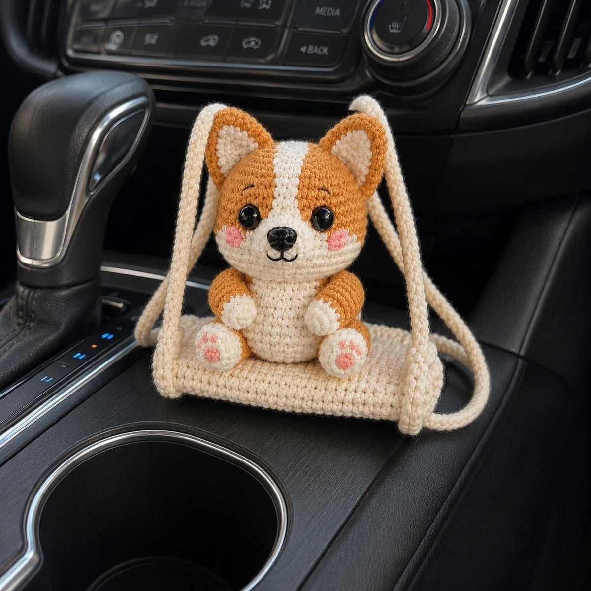 Crochet Corgi Car Charm, Cute Rearview Mirror Ornament, Handmade Amigurumi Dog on Swing, Corgi Lover Gift, Car Hanging Decor