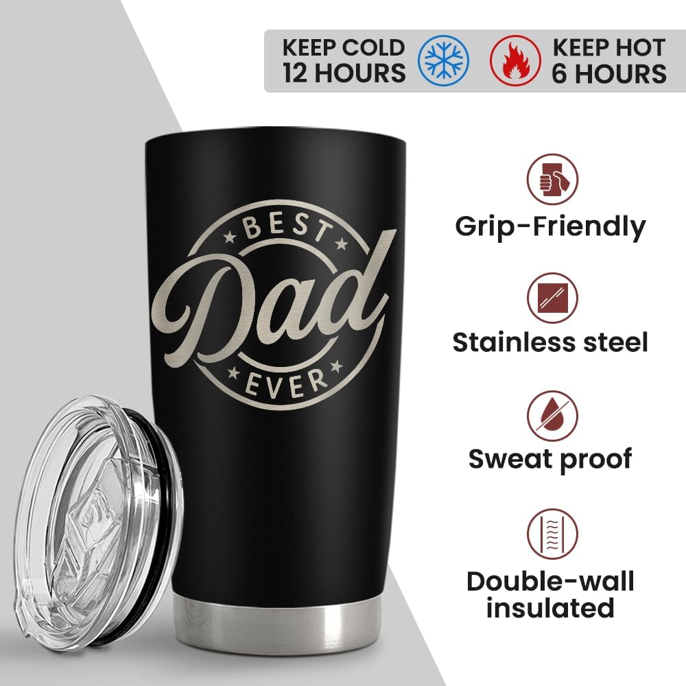 Best Dad Ever Tumbler with Lid - 20oz Insulated Stainless Steel Cup- Coffee Mug for Sport Travel Office, Gift for Father’s Day Birthday