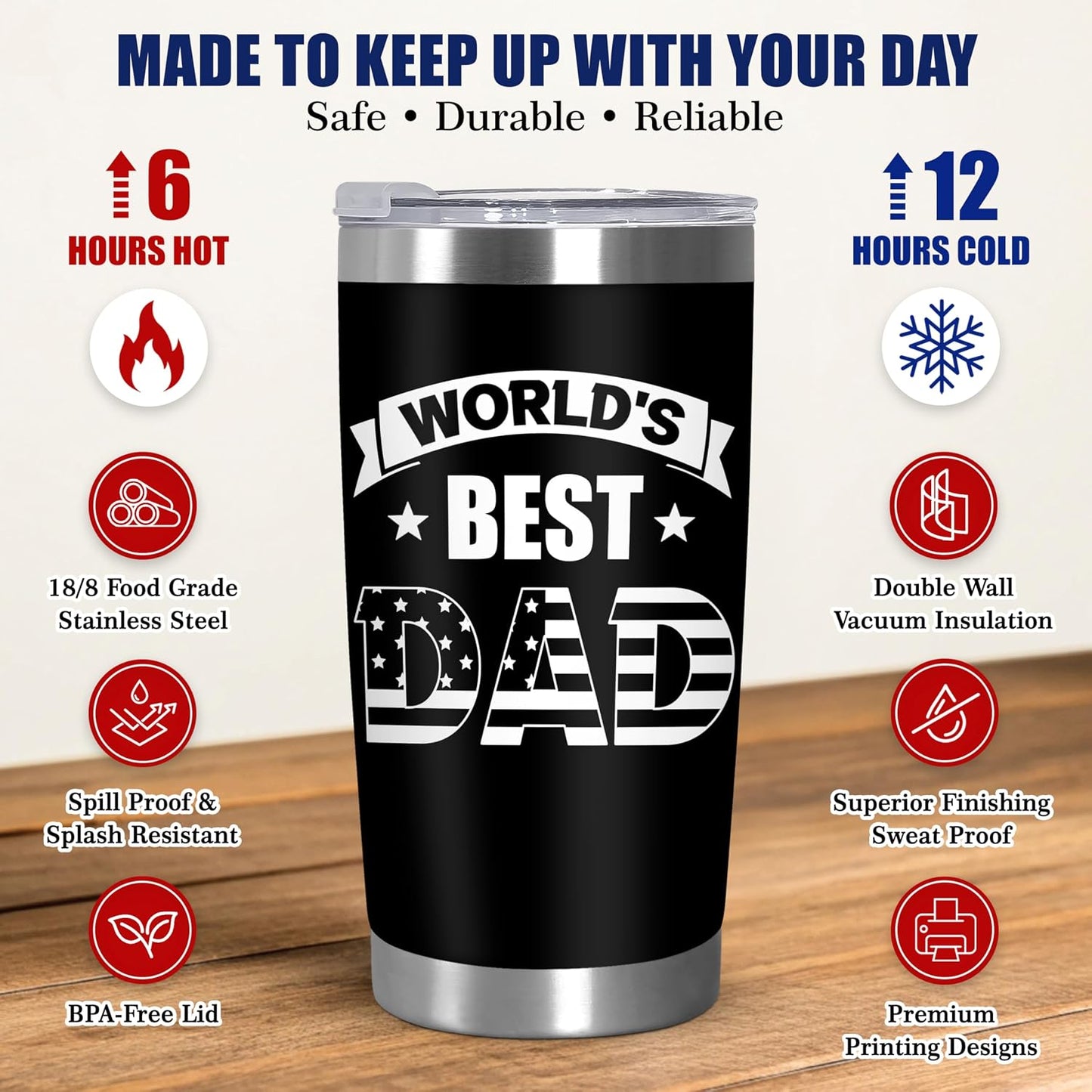 Dad Gifts from Daughter Son - 20 oz Stainless Steel Tumbler | Dad Birthday Gifts, Birthday Gift Ideas, Dad Tumbler, Easy to Clean, Spill-Resistant Lid, Gift Ready