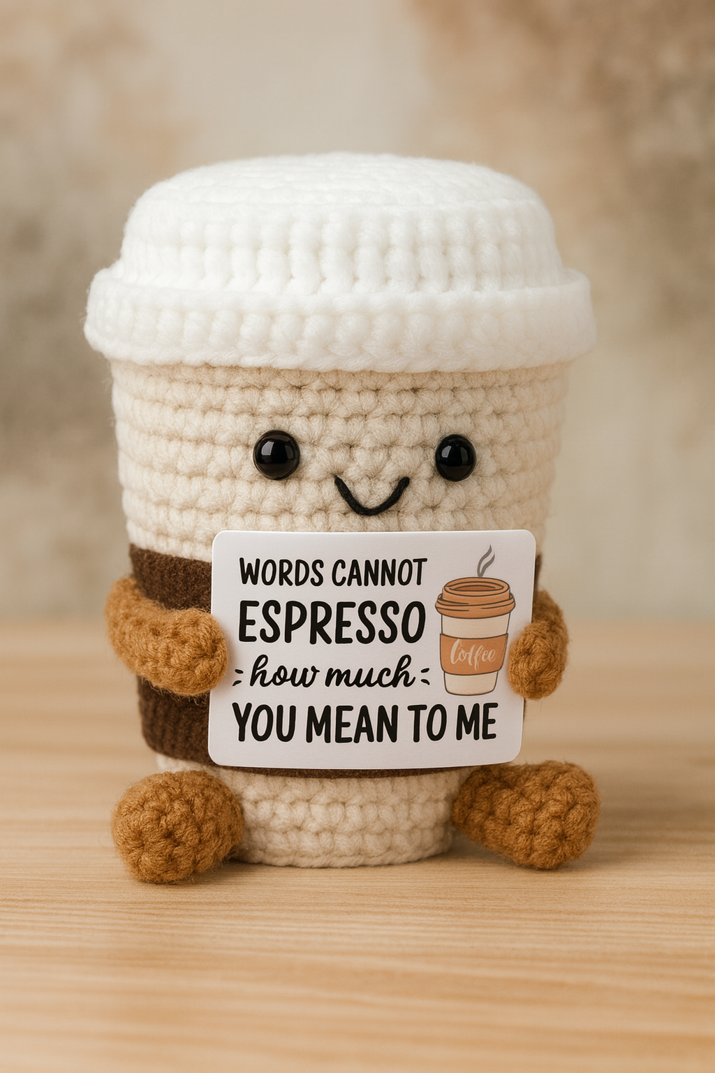 Crochet Coffee Cup Plush with “Espresso” Message Card