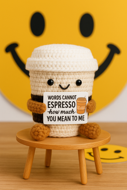 Crochet Coffee Cup Plush with “Espresso” Message Card