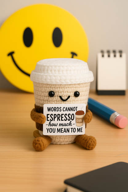 Crochet Coffee Cup Plush with “Espresso” Message Card