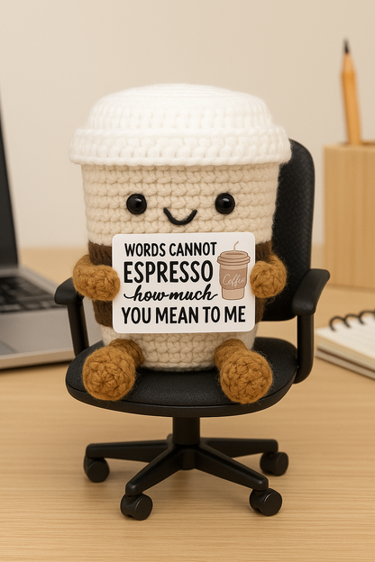 Crochet Coffee Cup Plush with “Espresso” Message Card