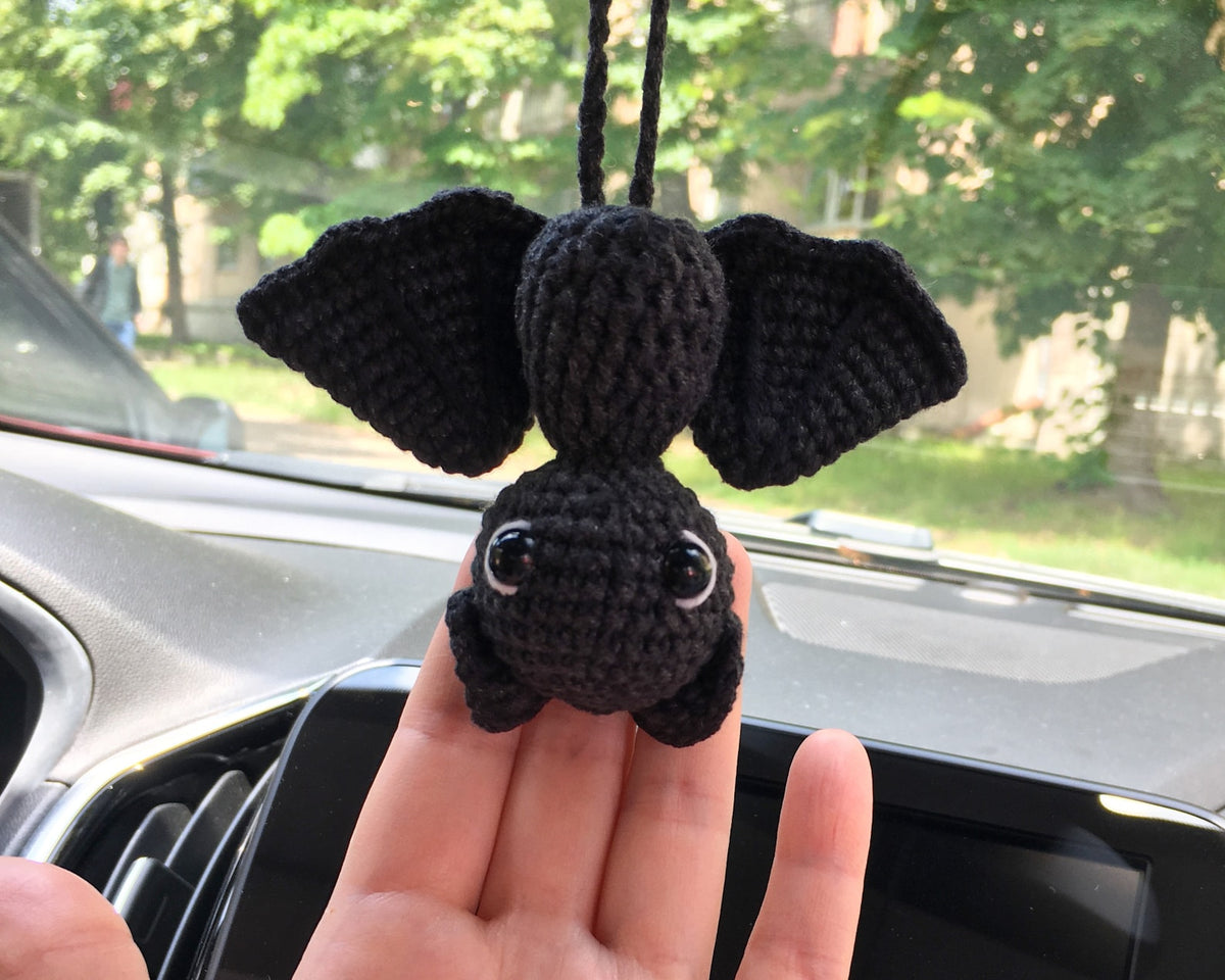 Goth Car Accessory Bat Plush Rear View Mirror Accessory for Women, Men, Teens, Cool Car Mirror Hanging Bat Car Decor, Crochet Car Charm