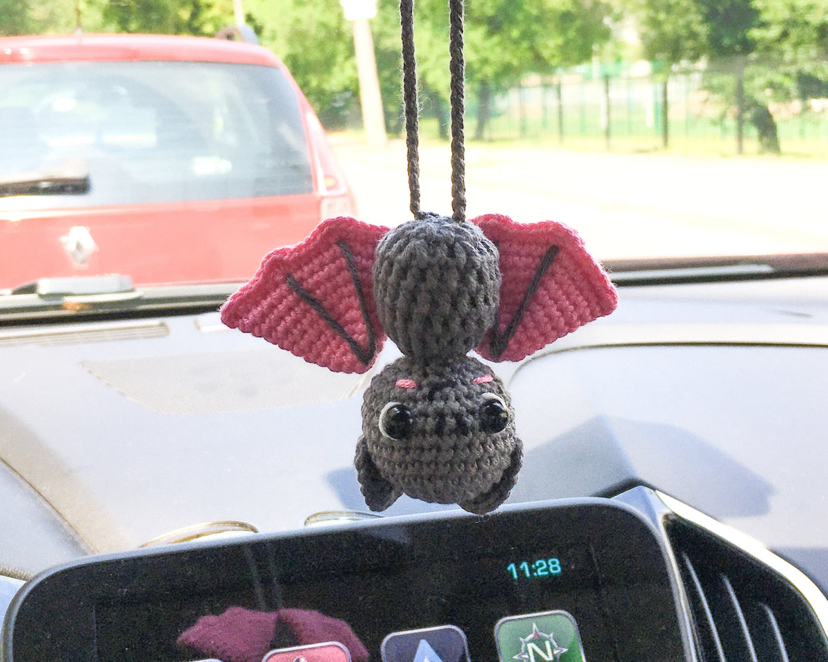 Goth Car Accessory Bat Plush Rear View Mirror Accessory for Women, Men, Teens, Cool Car Mirror Hanging Bat Car Decor, Crochet Car Charm