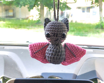 Goth Car Accessory Bat Plush Rear View Mirror Accessory for Women, Men, Teens, Cool Car Mirror Hanging Bat Car Decor, Crochet Car Charm