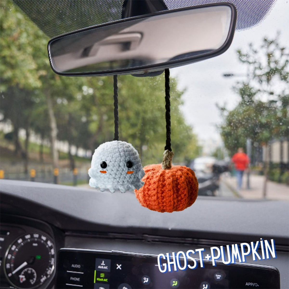 Crochet Ghost Car Accessory: Halloween Pumpkin Rearview Mirror Ornament