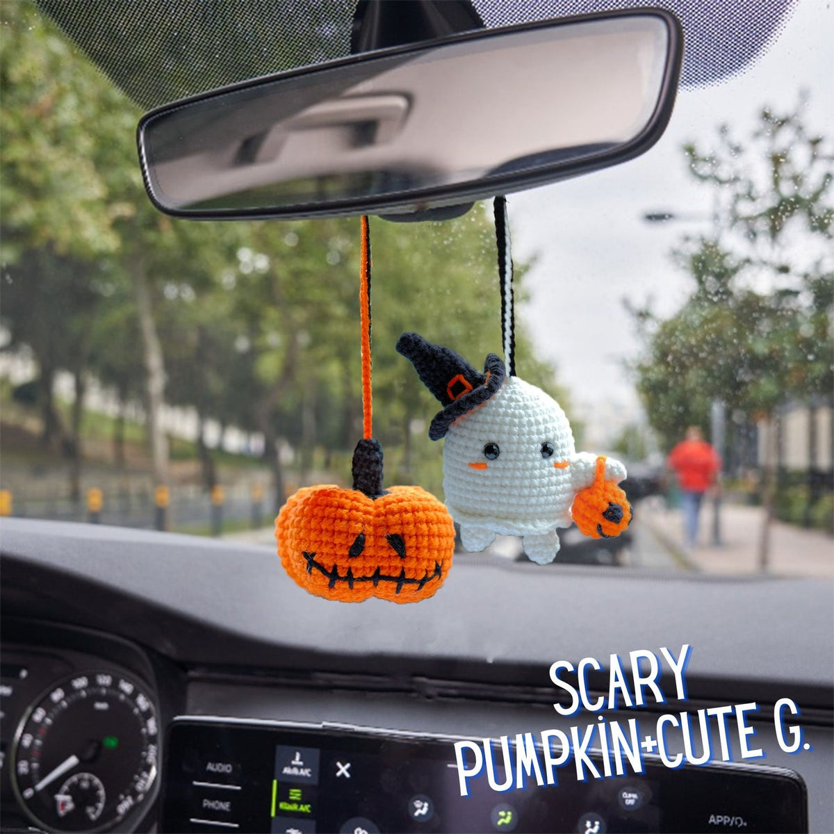 Crochet Ghost Car Accessory: Halloween Pumpkin Rearview Mirror Ornament