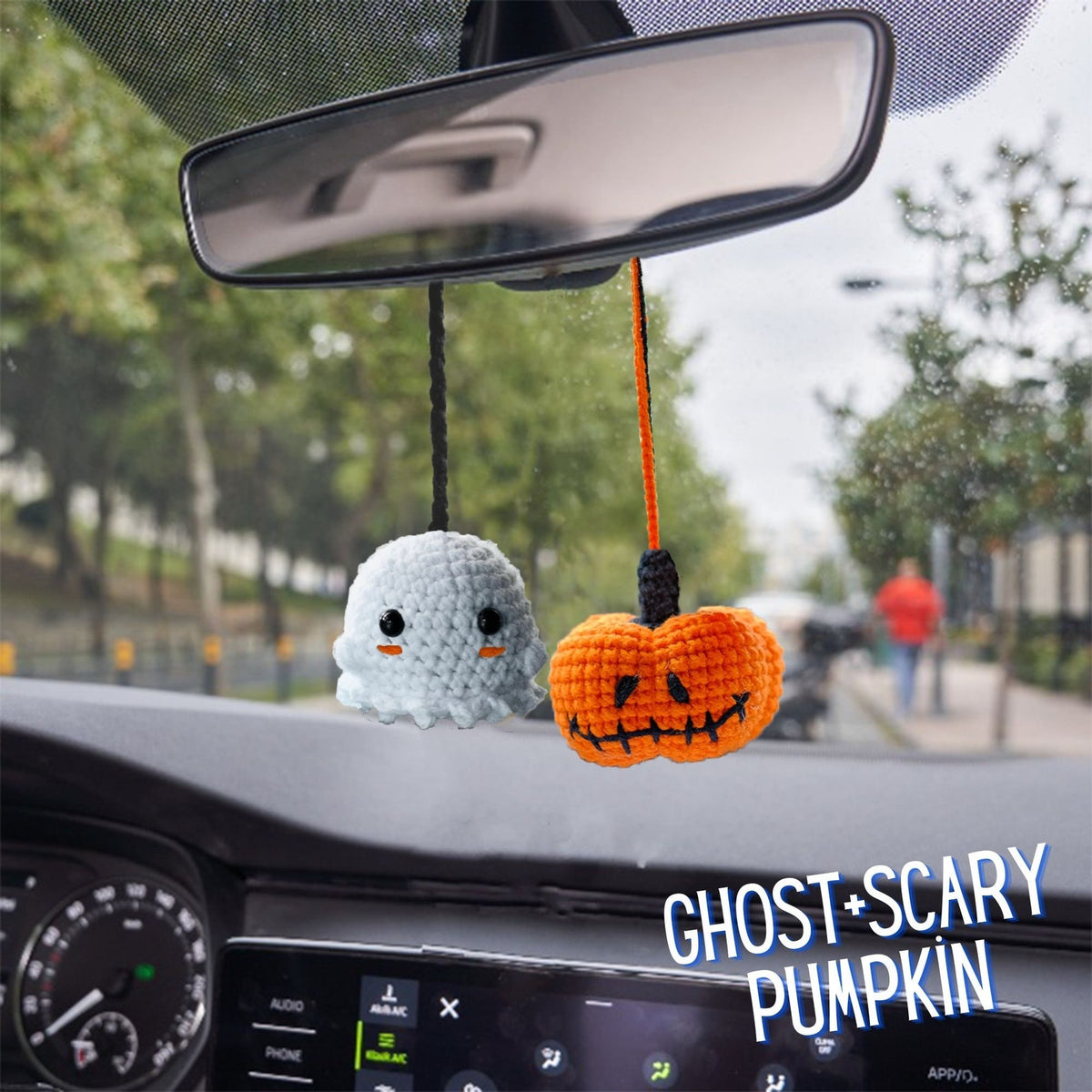 Crochet Ghost Car Accessory: Halloween Pumpkin Rearview Mirror Ornament