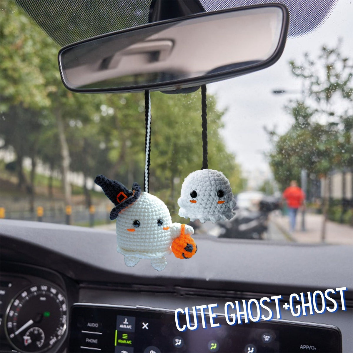 Crochet Ghost Car Accessory: Halloween Pumpkin Rearview Mirror Ornament