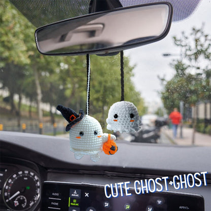 Crochet Ghost Car Accessory: Halloween Pumpkin Rearview Mirror Ornament