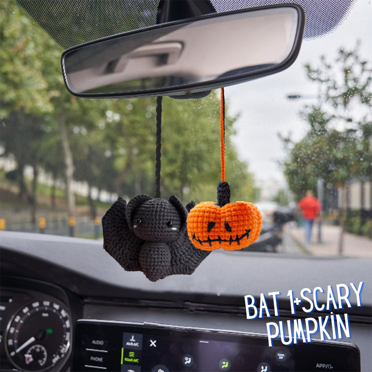 Crochet Halloween Pumpkin Car Accessory: Rearview Mirror Ornament
