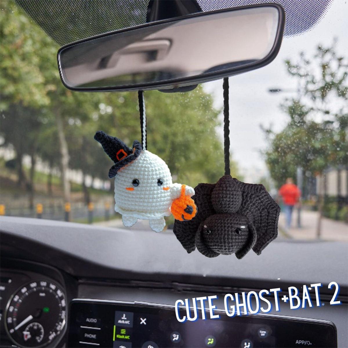 Crochet Halloween Pumpkin Car Accessory: Rearview Mirror Ornament