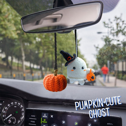 Crochet Ghost Car Accessory: Halloween Pumpkin Rearview Mirror Ornament