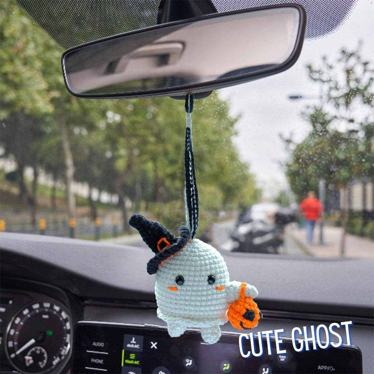 Crochet Ghost Car Accessory: Halloween Pumpkin Rearview Mirror Ornament