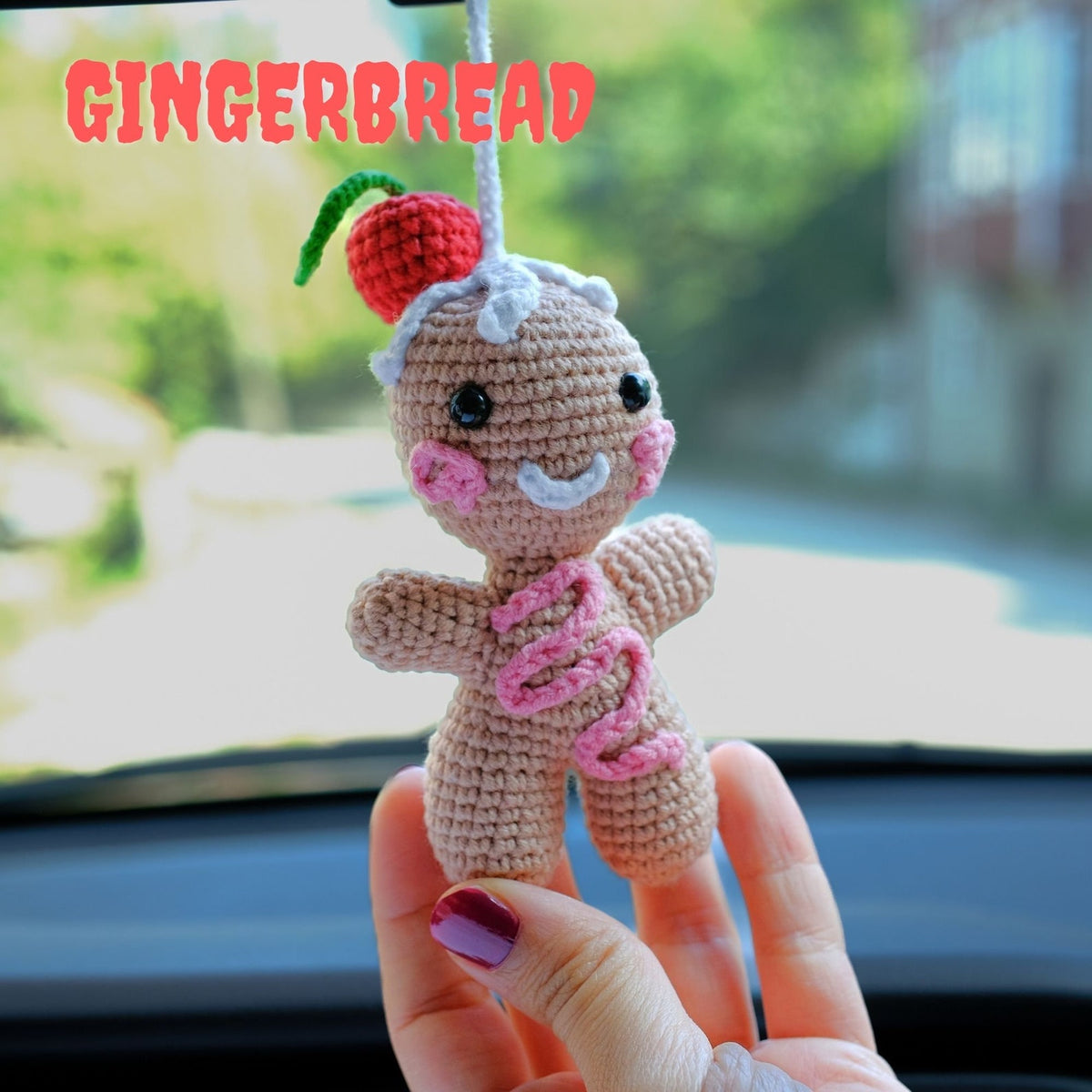 Crochet Gingerbread Man Car Charm: Christmas Rearview Mirror Decoration