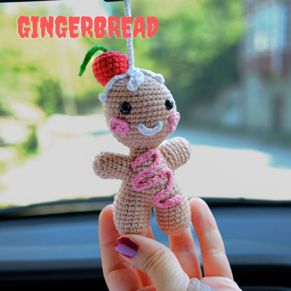 Crochet Gingerbread Man Car Charm: Christmas Rearview Mirror Decoration