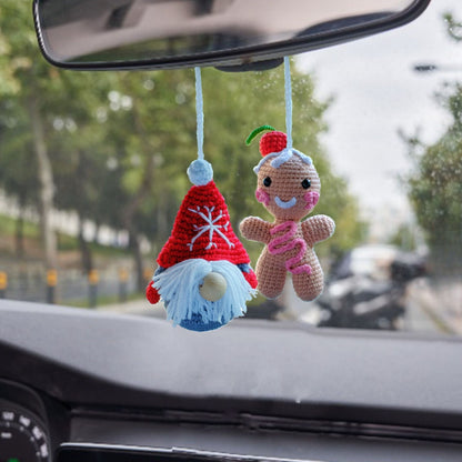 Crochet Christmas Gnome Car Accessory: Gingerbread Rearview Mirror Ornament