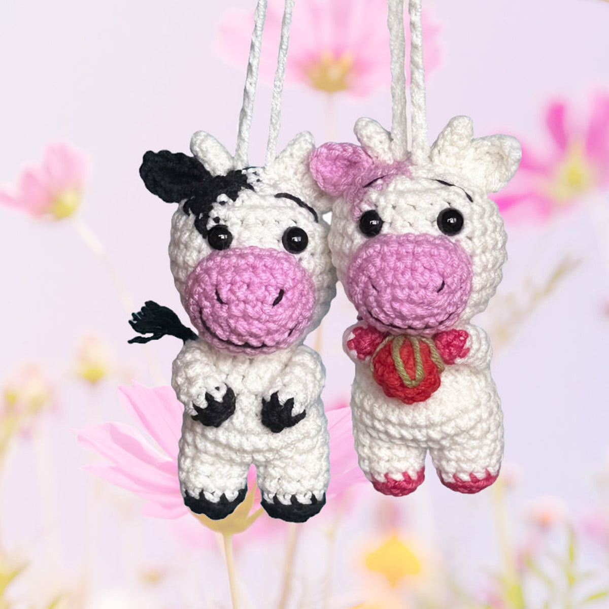 Cow Car Accessory Rearview Mirror Hanging Car Decorations, Strawberry Cow Car Charm, Pink Car Accessories, Plush Cow Kawaii Car Decor