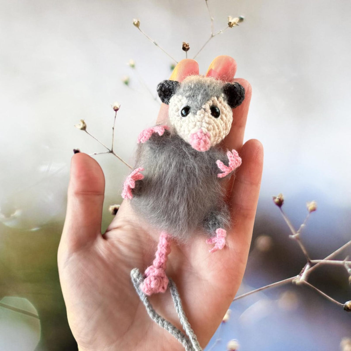 Crochet Possum Car Charm, Fuzzy Opossum Rearview Mirror Hanging Accessory, Handmade Car Decor