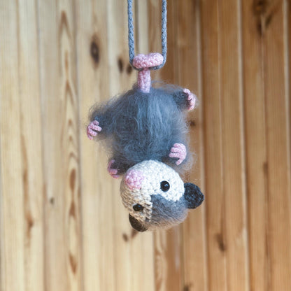 Crochet Possum Car Charm, Fuzzy Opossum Rearview Mirror Hanging Accessory, Handmade Car Decor