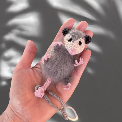 Crochet Possum Car Charm, Fuzzy Opossum Rearview Mirror Hanging Accessory, Handmade Car Decor