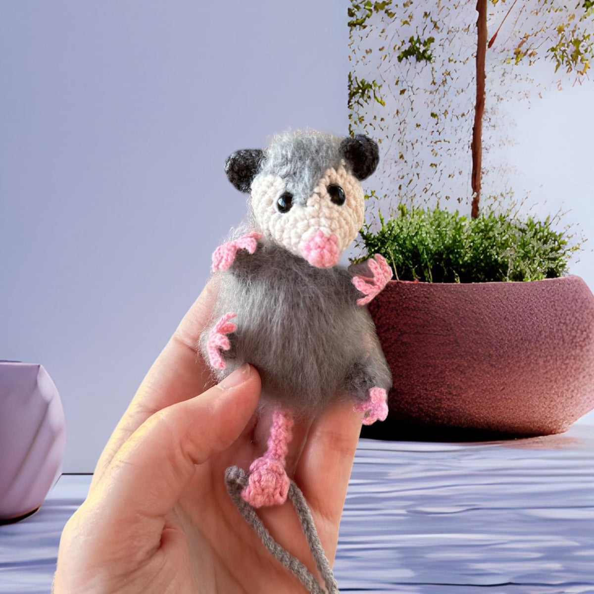 Crochet Possum Car Charm, Fuzzy Opossum Rearview Mirror Hanging Accessory, Handmade Car Decor