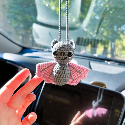 Crochet Pink Bat Car Accessory, Funny Rear View Mirror Ornament
