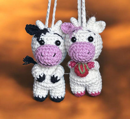 Crocheted Strawberry Cow Car Charm, Rearview Mirror Hanger, Handmade Moo Moo Decor
