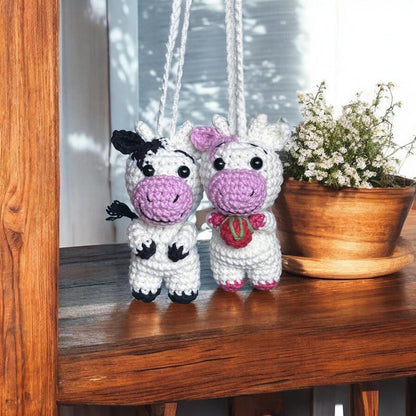 Crocheted Strawberry Cow Car Charm, Rearview Mirror Hanger, Handmade Moo Moo Decor