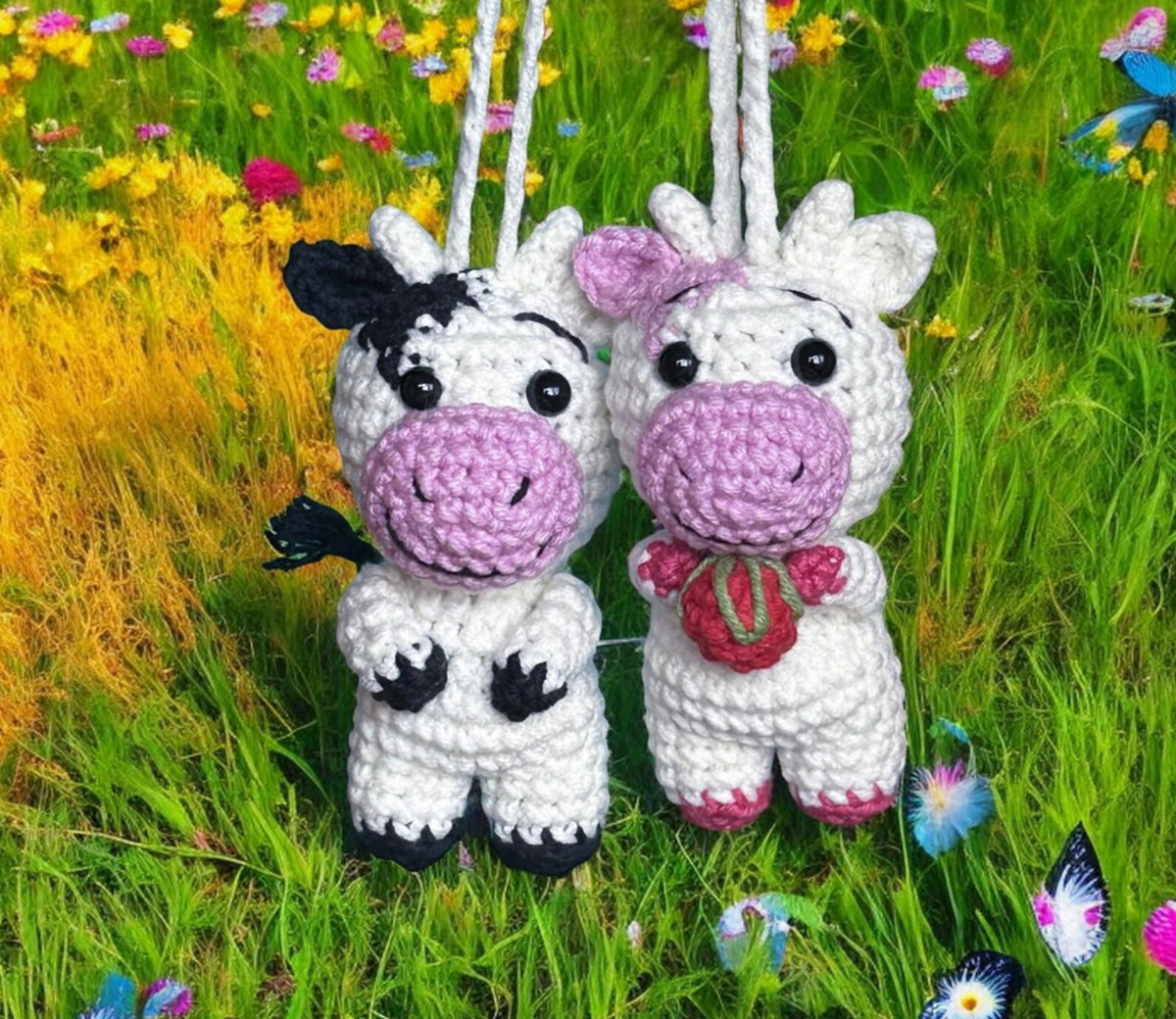 Crocheted Strawberry Cow Car Charm, Rearview Mirror Hanger, Handmade Moo Moo Decor