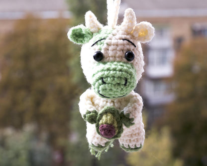 Crocheted Strawberry Cow Car Charm, Rearview Mirror Hanger, Handmade Moo Moo Decor