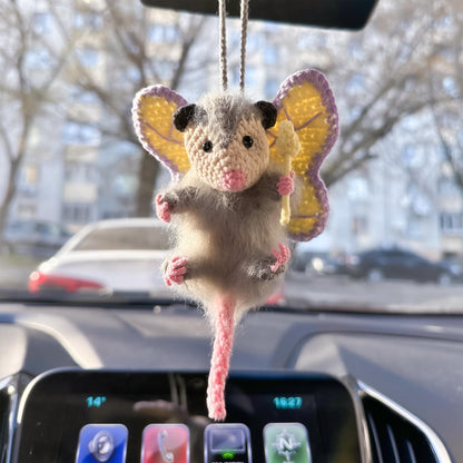 Fairy Possum RearView Mirror Accessory Car Mirror Hanger, Cute Car Accessory for Women Teens, Crochet Opossum Car Charm, Funny Car Decor Toy