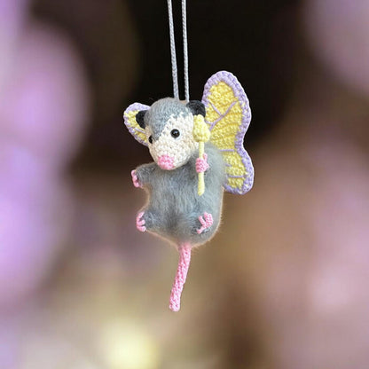 Fairy Possum RearView Mirror Accessory Car Mirror Hanger, Cute Car Accessory for Women Teens, Crochet Opossum Car Charm, Funny Car Decor Toy