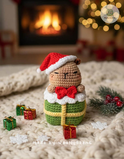 Crochet Capybara with Xmas Hat In The Gift Box Plush, Christmas Amigurumi Keychain, Gift for holidays, Capybara Plushie, Christmas Decor
