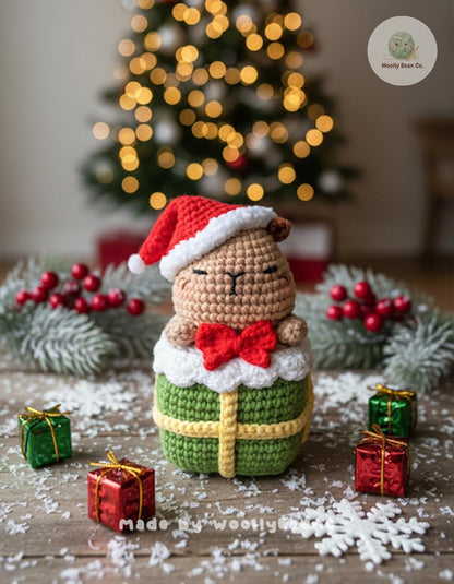 Crochet Capybara with Xmas Hat In The Gift Box Plush, Christmas Amigurumi Keychain, Gift for holidays, Capybara Plushie, Christmas Decor