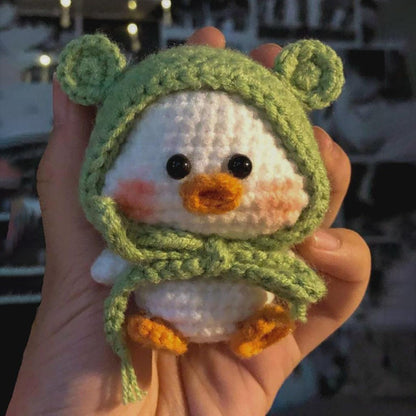 Crochet Duck Wearing Frog Hat, Handmade Rubber Duck Keychain, Kawaii Amigurumi Bag Charm, Gifts for duck lovers
