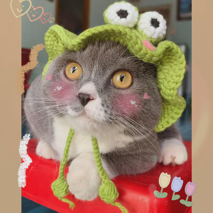 Handmade Cat Knit Frog Hat, Pet Knit Scarf, Crochet Dog Hat, Cute Pet Accessories, Knitted Frog Pet Outfit, Cat Lover Gifts, Dog Lover Gifts