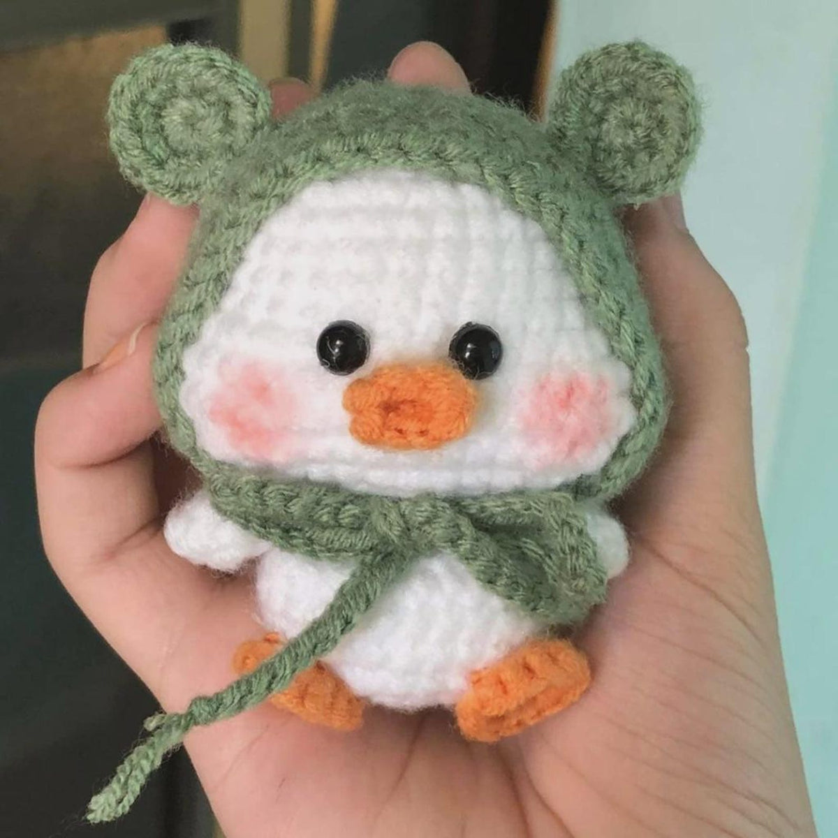 Crochet Duck Wearing Frog Hat, Handmade Rubber Duck Keychain, Kawaii Amigurumi Bag Charm, Gifts for duck lovers