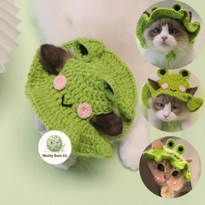 Handmade Cat Knit Frog Hat, Pet Knit Scarf, Crochet Dog Hat, Cute Pet Accessories, Knitted Frog Pet Outfit, Cat Lover Gifts, Dog Lover Gifts