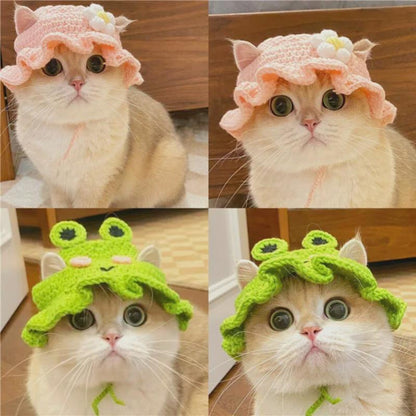 Handmade Cat Knit Frog Hat, Pet Knit Scarf, Crochet Dog Hat, Cute Pet Accessories, Knitted Frog Pet Outfit, Cat Lover Gifts, Dog Lover Gifts