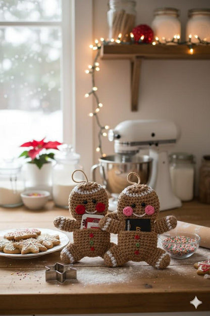Handmade Gingerbread Man Wool Christmas Card Holder Pouch - Knitted Holiday Gift Bag Decoration