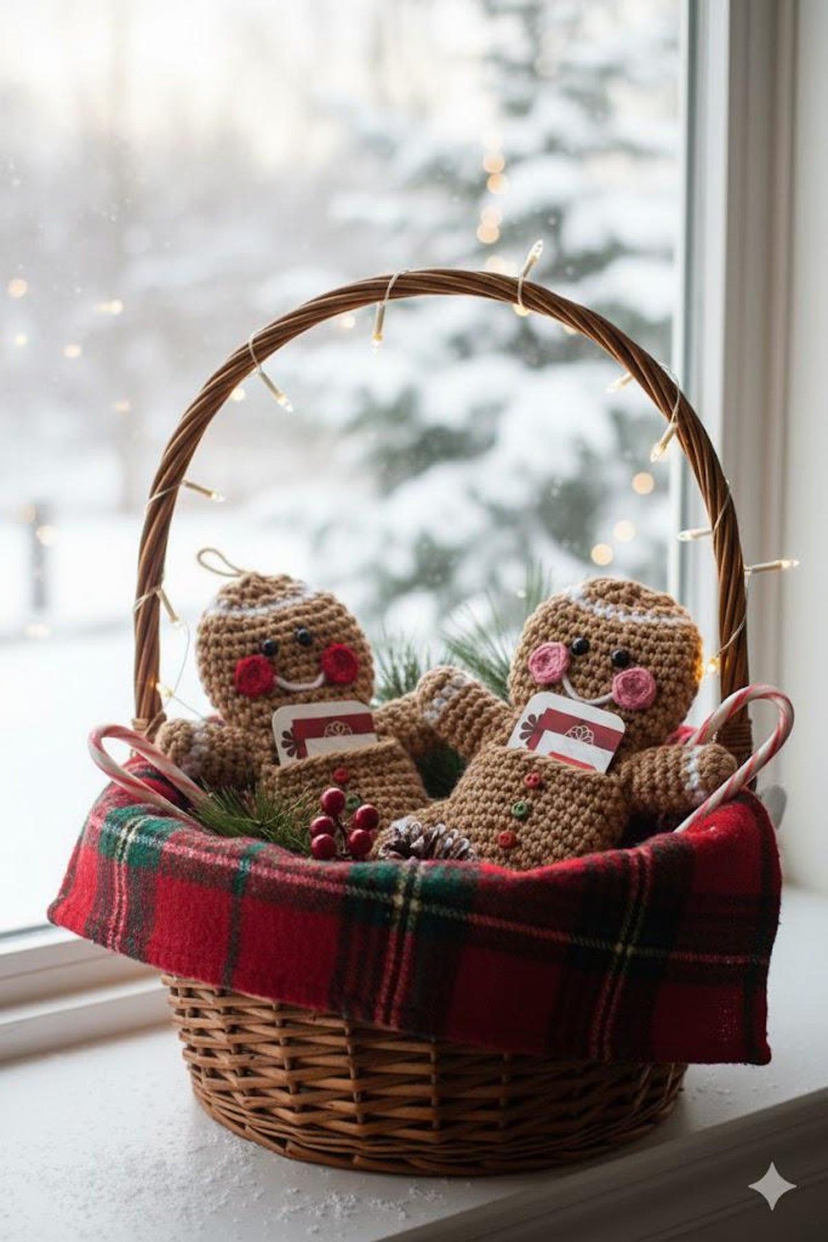Handmade Gingerbread Man Wool Christmas Card Holder Pouch - Knitted Holiday Gift Bag Decoration