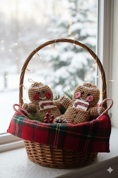 Handmade Gingerbread Man Wool Christmas Card Holder Pouch - Knitted Holiday Gift Bag Decoration