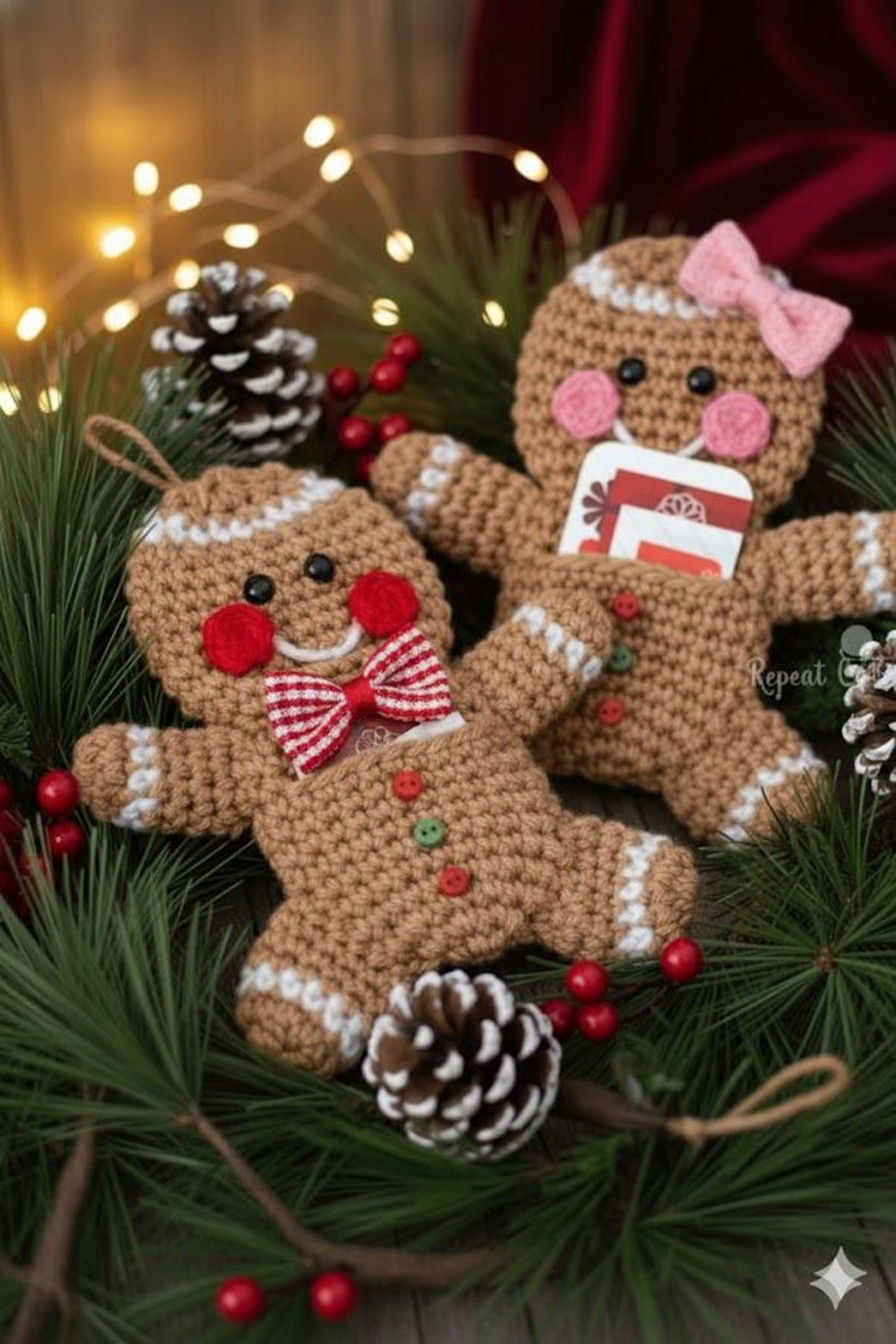 Handmade Gingerbread Man Wool Christmas Card Holder Pouch - Knitted Holiday Gift Bag Decoration