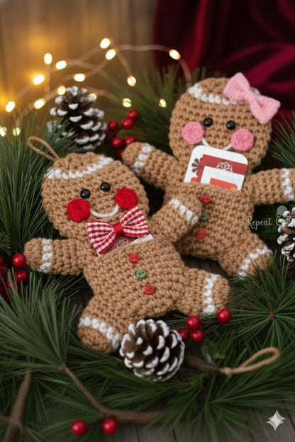 Handmade Gingerbread Man Wool Christmas Card Holder Pouch - Knitted Holiday Gift Bag Decoration